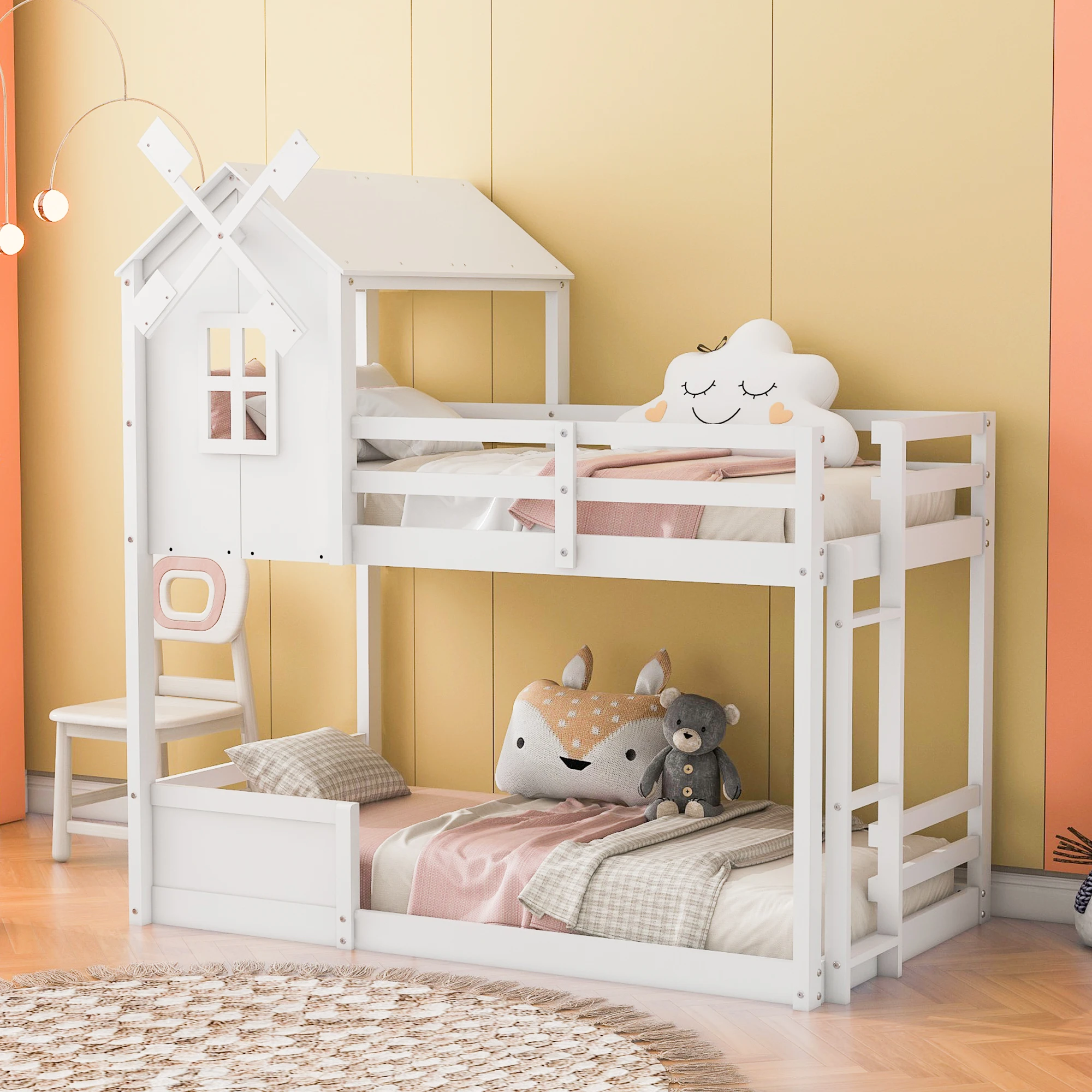 

Full size Loft Bed with Drawers and Desk, Wooden Loft Bed with Shelves - White