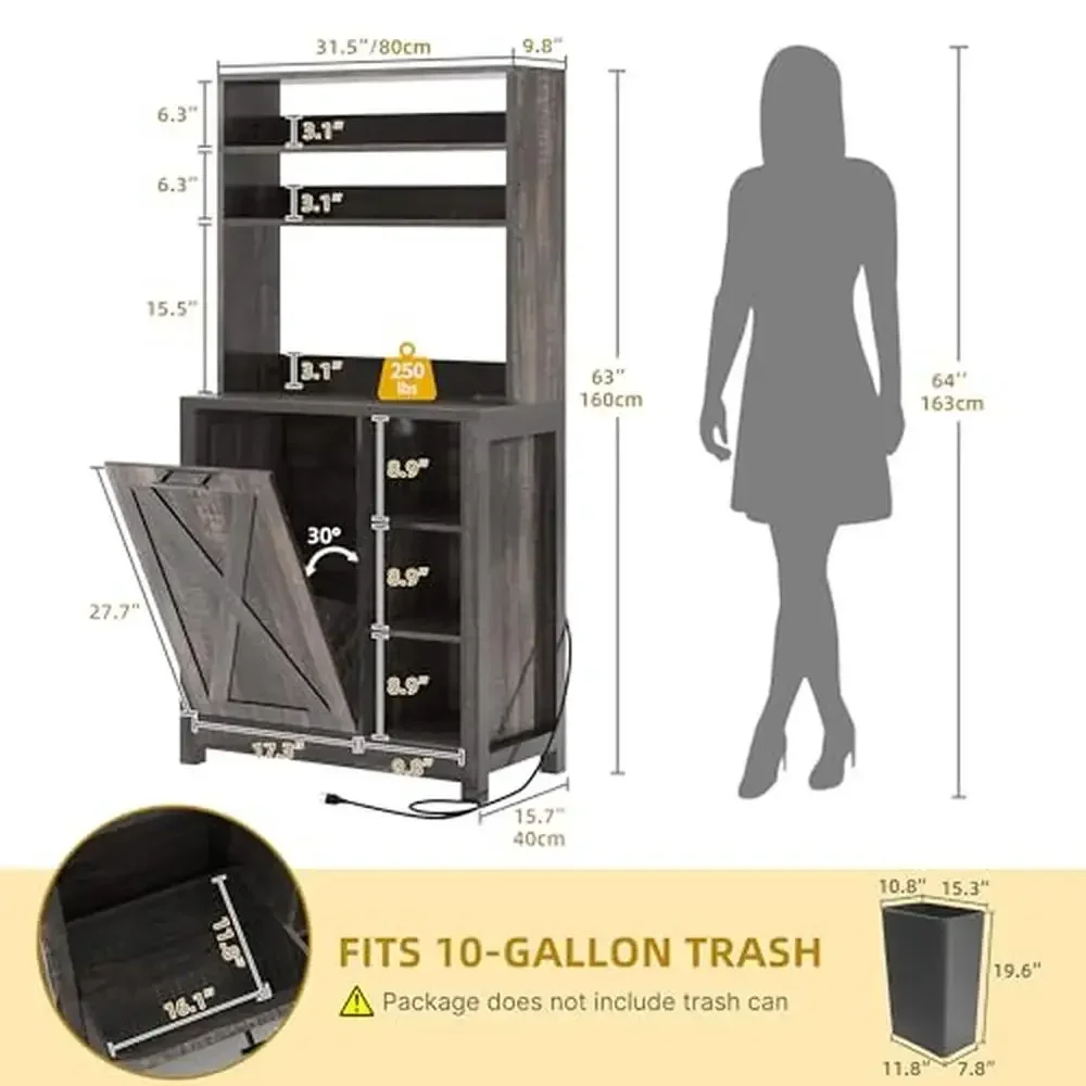 6-Tier Farmhouse Bakers Rack Microwave Stand Cabinet with Power Outlet and Trash Bin Kitchen Tall Coffee Bar Organizer