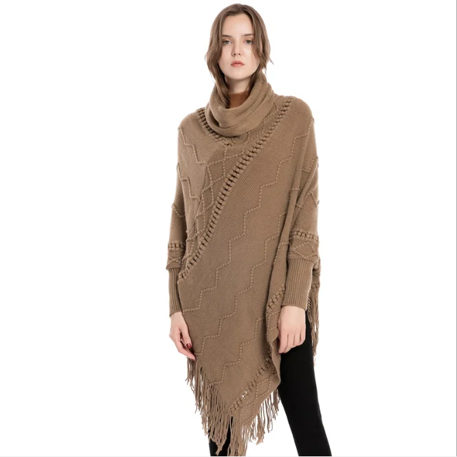 

Pull Femme Autumn Winter New Women's Acrylic Tassel Sweater High Neck Warm Sleeve Pullover Cloak Tassels Shawl Outside Khaki