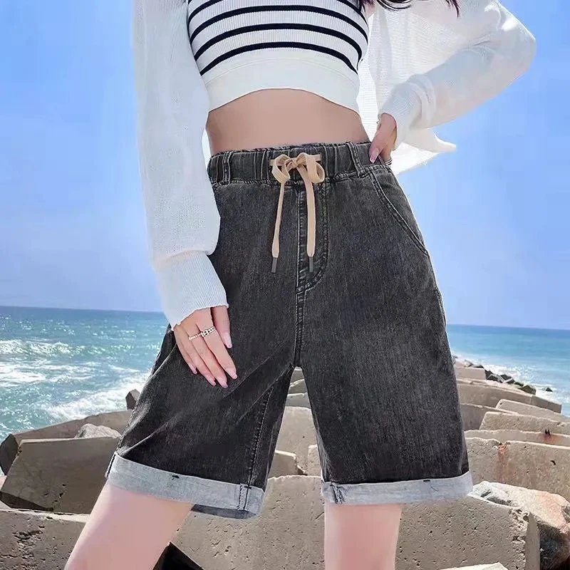 Plus Size Denim Women's Shorts 2024 Summer New Solid Thin Elastic Waist Curled Loose Casual Straight Leg Pants Ropa De Mujer