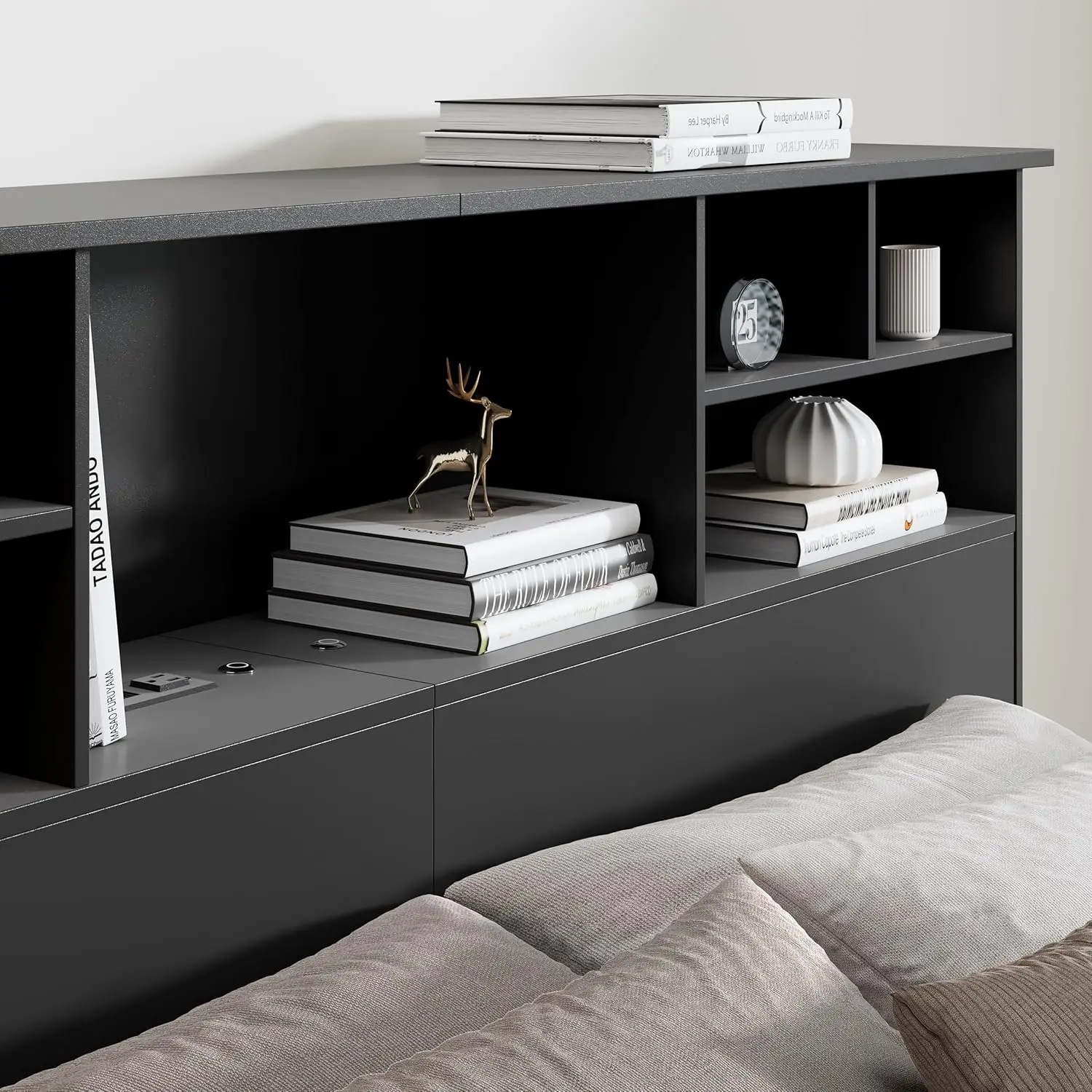 Only for Bedroom, Stylish Bookcase Headboard with Charging Station & 2 LED Lights, Engineered Wood Queen Si
