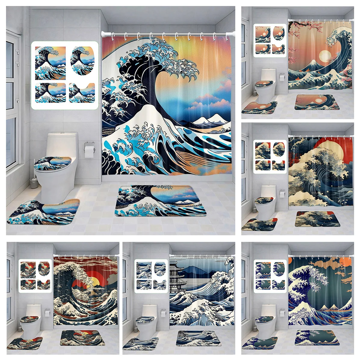 Japanese Style Retro Landscape Shower Curtain Bathroom Partition Curtain  bathroom set with shower curtain and rugs 6