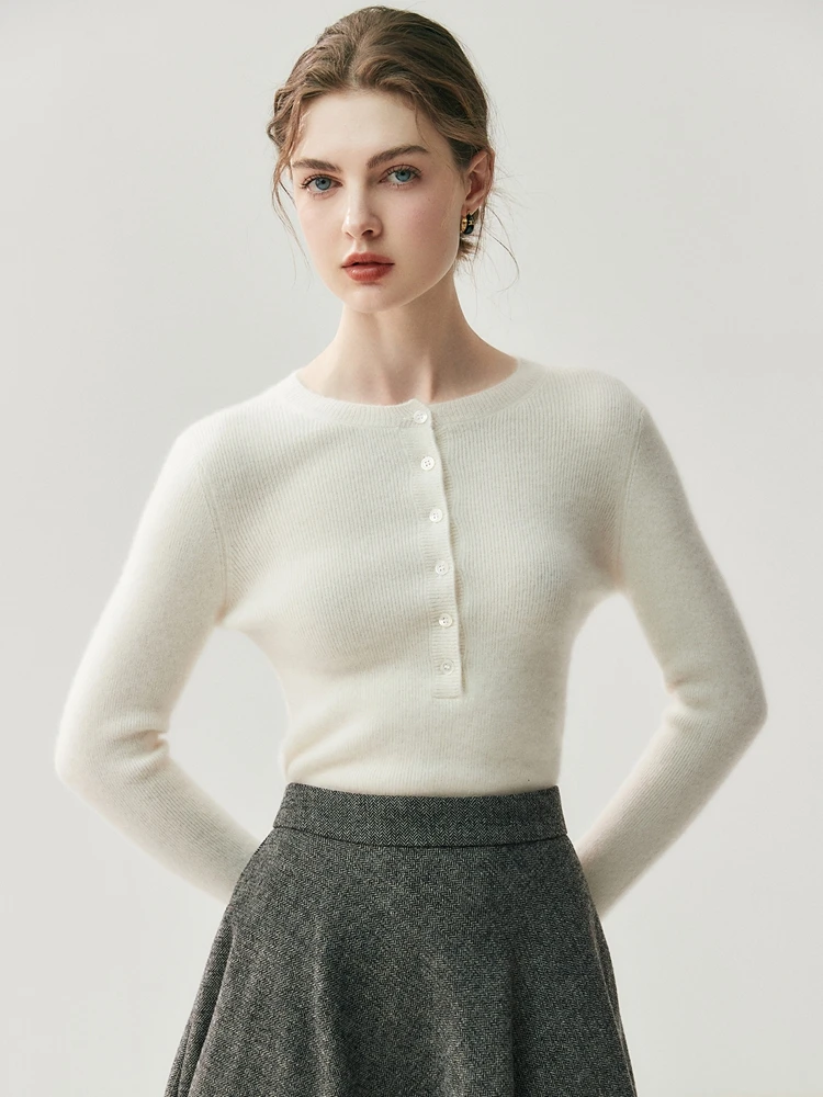 CHICUU Classic Henry Collar Pullover Sweater Women's 100% Cashmere Sweater Autumn Winter Basic O-neck Long Sleeve Slim Jumper