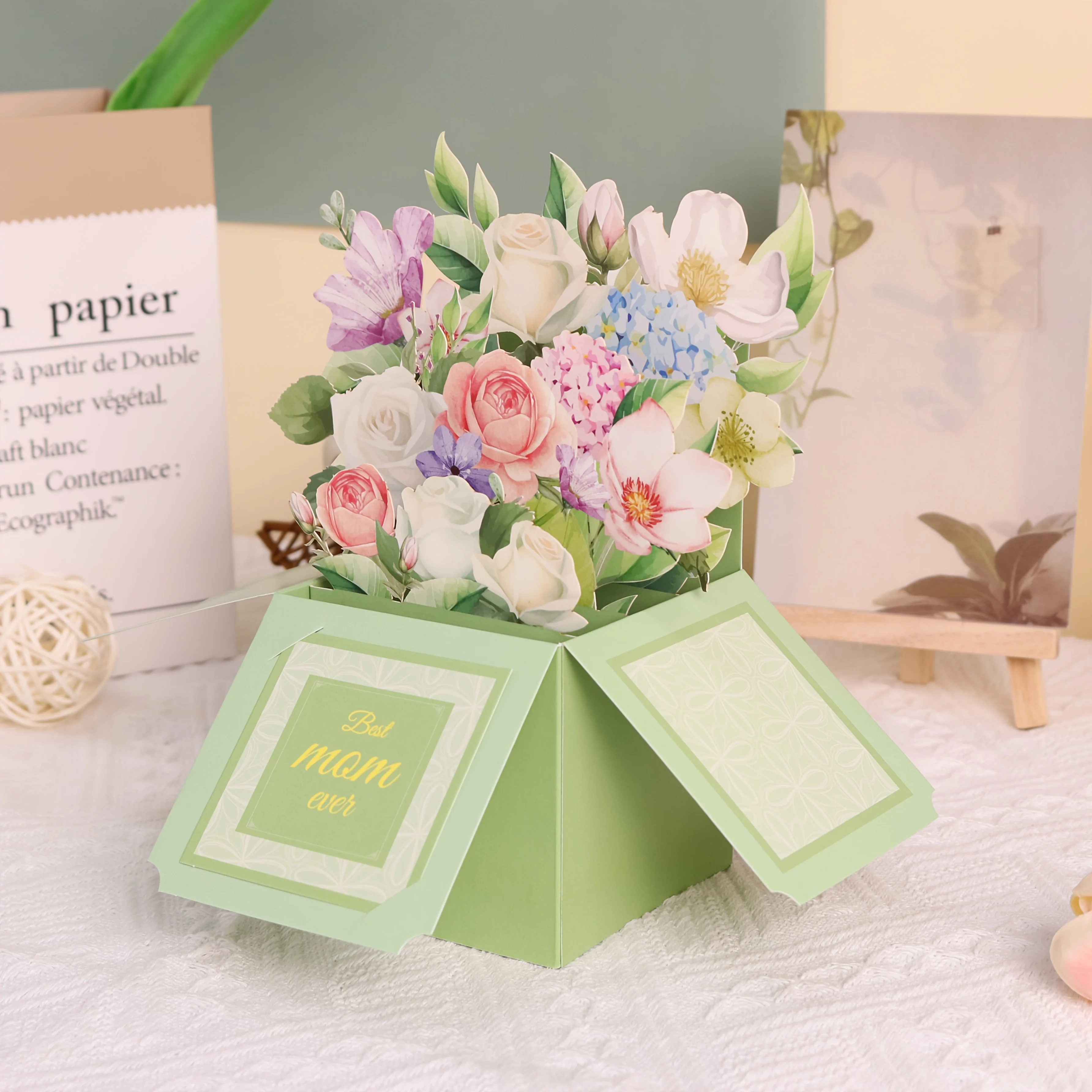 1pc 3D Comfort Flower Box for Mom,Floral Greeting Card, 3D Pop-up Box, Soothing Gift, Mom's Care gift with Envelope