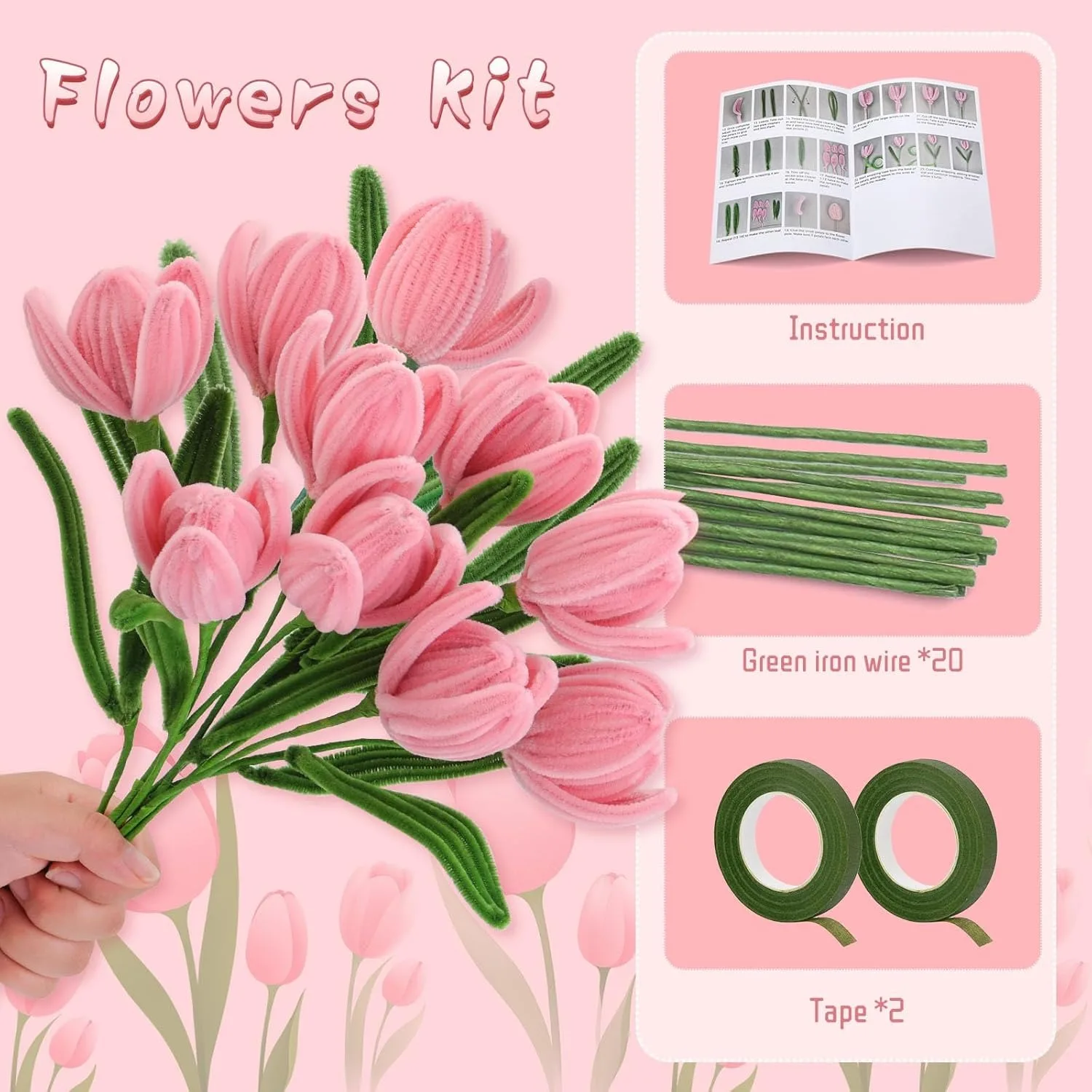 OUBAI Pipe Cleaner Flower Kit Pipe Cleaner Flowers Chenille Stems Set with Floral Wire Instructions for DIY Art