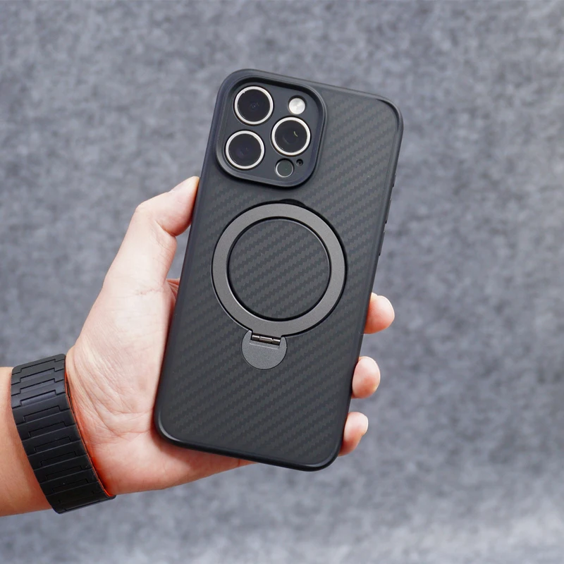 Carbon Fiber Texture 360 Rotating Kickstand Phone Case with Wireless Charging Compatibility