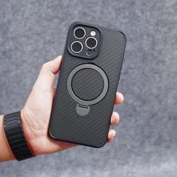 Carbon Fiber Texture 360 Rotating Kickstand Phone Case with Wireless Charging Compatibility - iPhone 12 Pro (Black)