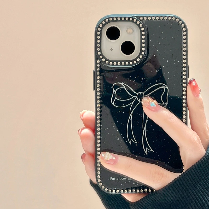 Ins Fashion Glitter Diamond Bling Bow Glossy Case For iPhone 16 15 13 14 Pro Max Shockproof TPU Phone Cover Shell