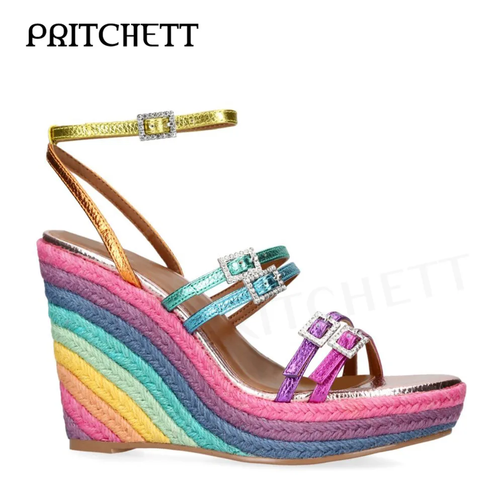 

Rainbow-Print Espadrille Leather Wedges Sandals Silver Gemstone Buckle Strap Sandals Ankle Button Buckle Fashion Ladies Shoes