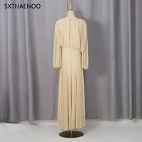 SXTHAENOO Yellow Dinner Loose Folds Maxi Dresses Women O Neck Shoulder Pud High Waist Temperament Dress Female Fashion Clothing - Image 6