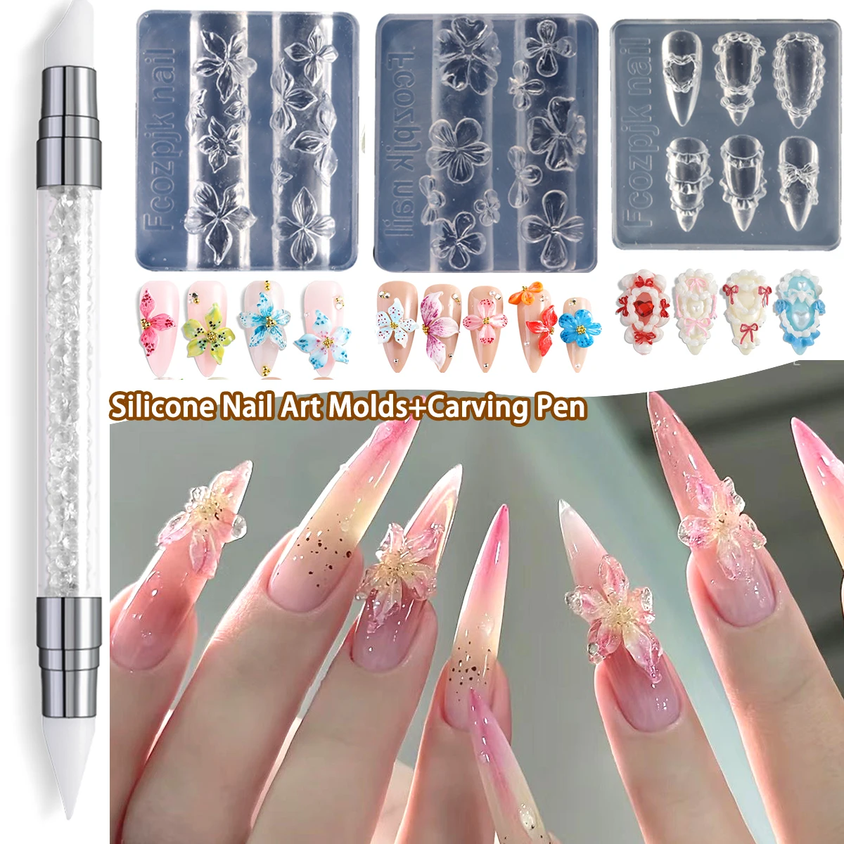 3D 실리콘 꽃 네일 조각 몰드 아크릴 백합 히비스커스 플로럴 스탬핑 플레이트 네일 스텐실 오엽 꽃 네일 템플릿