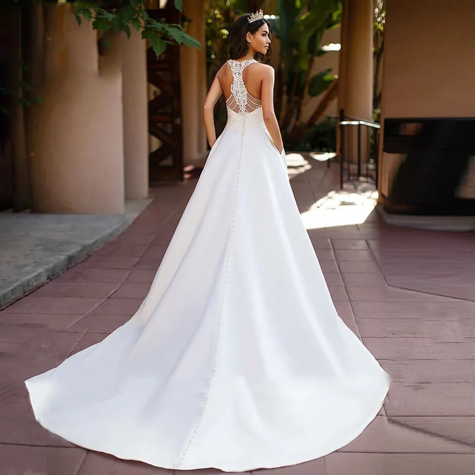 SoDigne Boho Satin A-line Wedding Dresses 2023 Sexy V Nack Lace Blackless Bride Dress Customized Sleeveless Bridal Gowns 11 Sccf20833043f4133aee88984bce0f596V