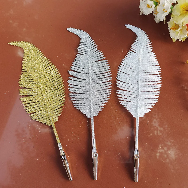 Glitter Feather Artificial Leaves Clip Christmas Tree Crafts Ornament New  Year Merry Xmas Wedding Party Home Flower Decoration