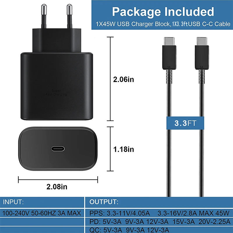 CARGADOR RAPIDO TIPO C, CABLE TIPO C 45W SAMSUNG