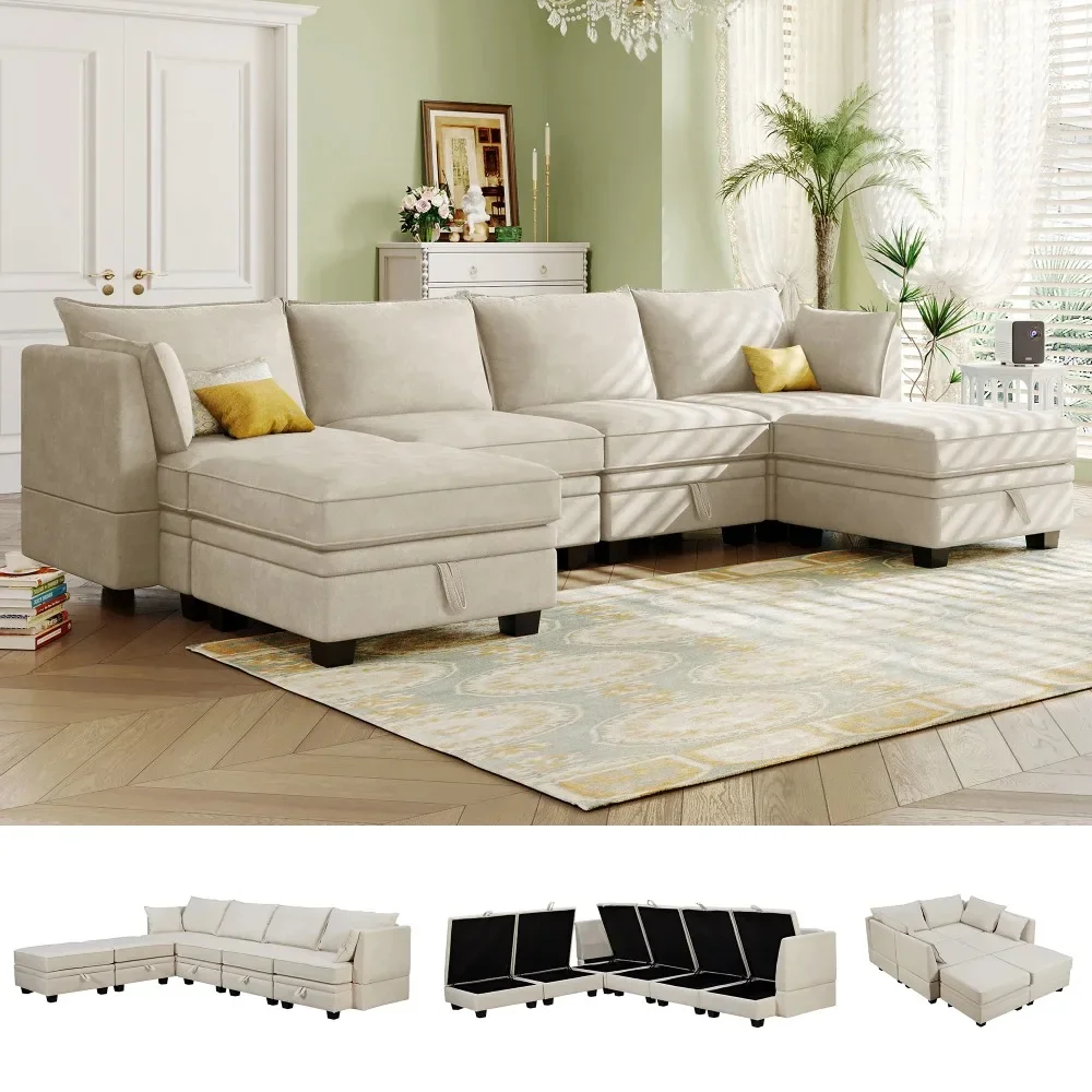 

U Sectional Sofa with Storage Seat and Removable Cushions, Beige, 6 Seat Convertible Couch Sleeper Bed, Living Room Sofas