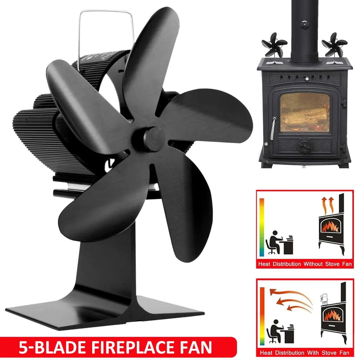 5 Blades Black Fireplace Fan Heat-powered Stove Fan Log Wood Burner Environmental Eco Ecofan Quiet Efficient Heat Distribution