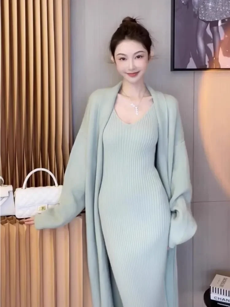 French Women Cardigan Mid-Length Sweaters Jumpers Graceful Dress Two-piece  Sets | eBay
