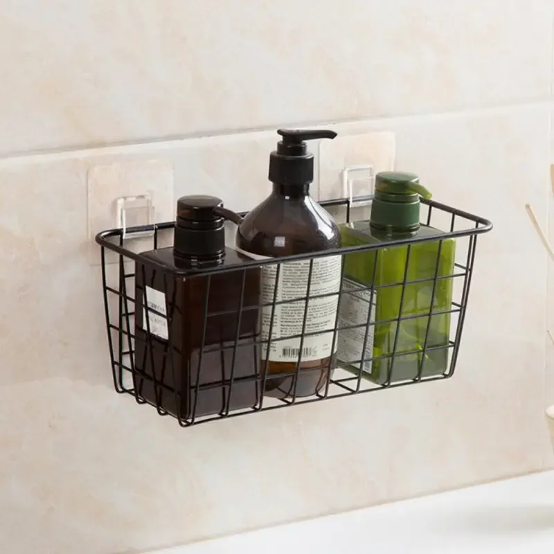 

Kitchen Bathroom Storage Shelf Wall Hanging Rack Metal Grid Home Decor Cosmetic Organizer Shower Shelf Basket with Suction Cup