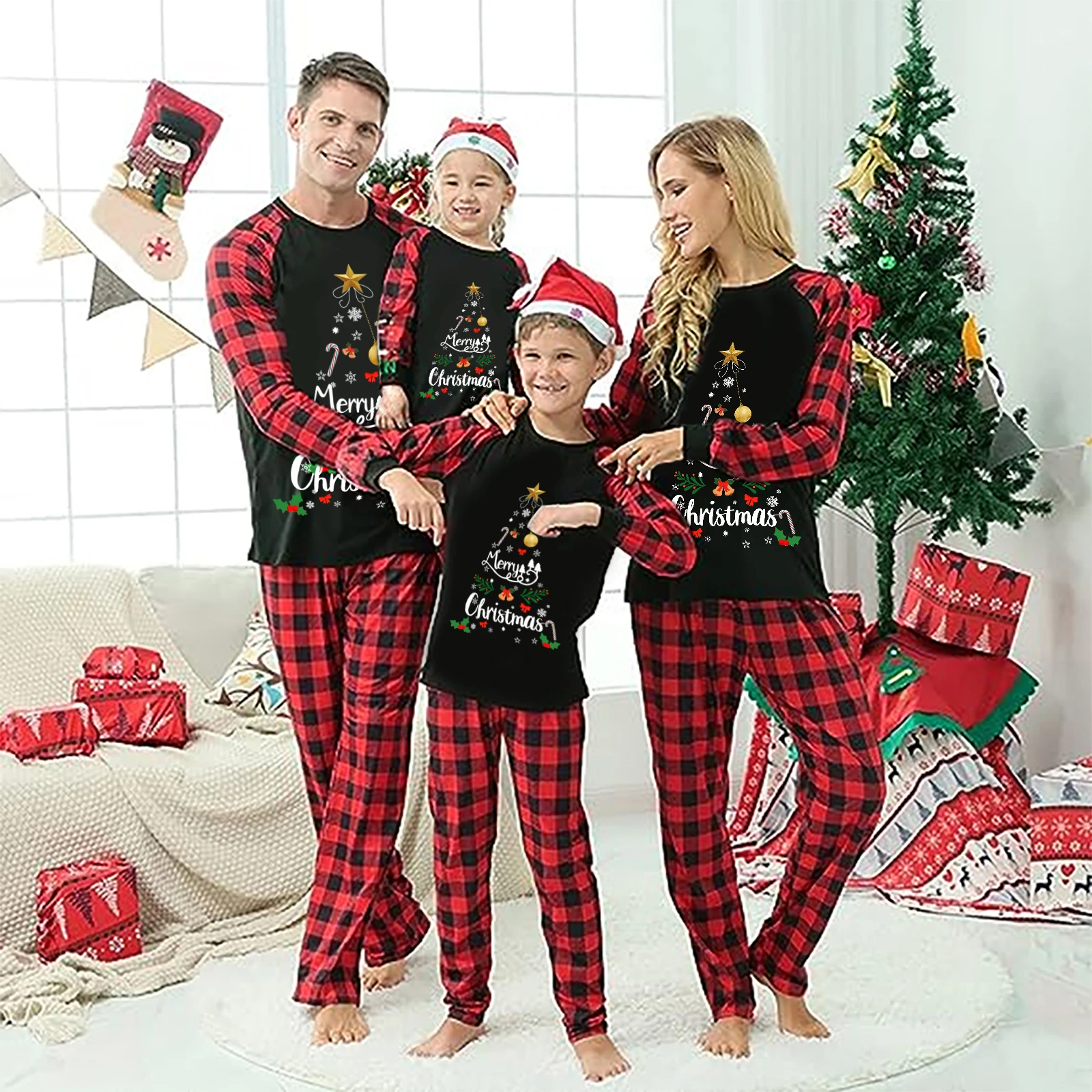 thumbnail image 5 of Conjunto de pijamas familiares navideños a juego, camiseta de manga larga con estampado de letras y pantalones a cuadros, ropa de dormir para estar en casa, 5 of 5