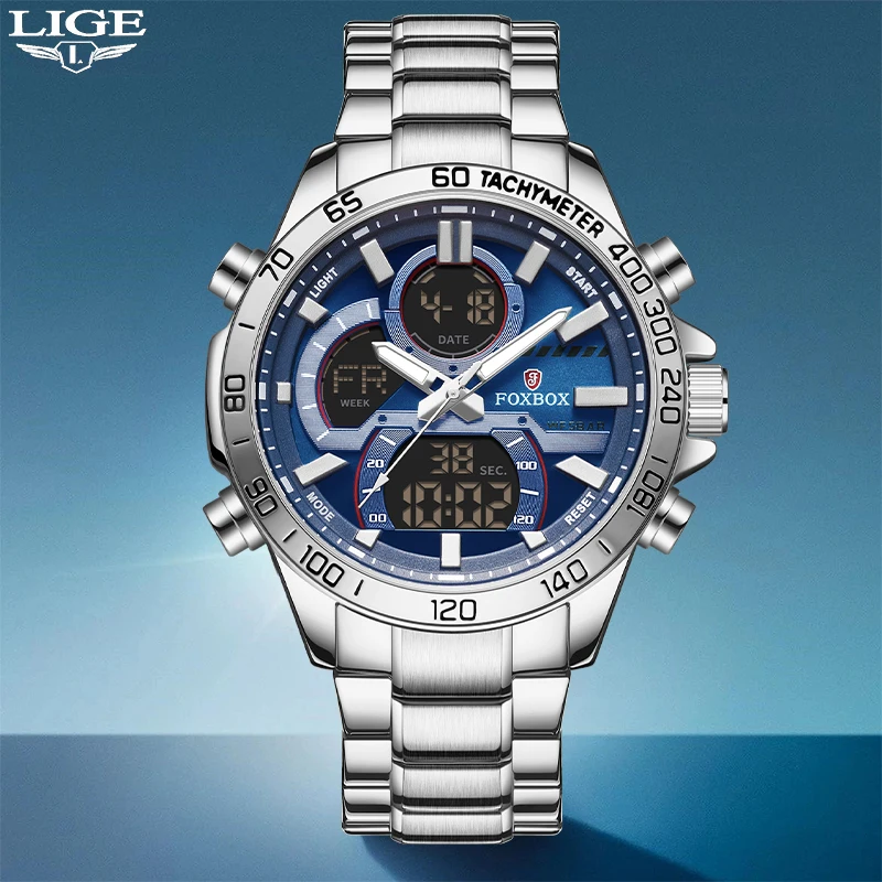 LIGE New Top Luxury Original Sports Wrist Watch For Men Quartz Steel Waterproof Dual Display Military Watches Relogio Masculino