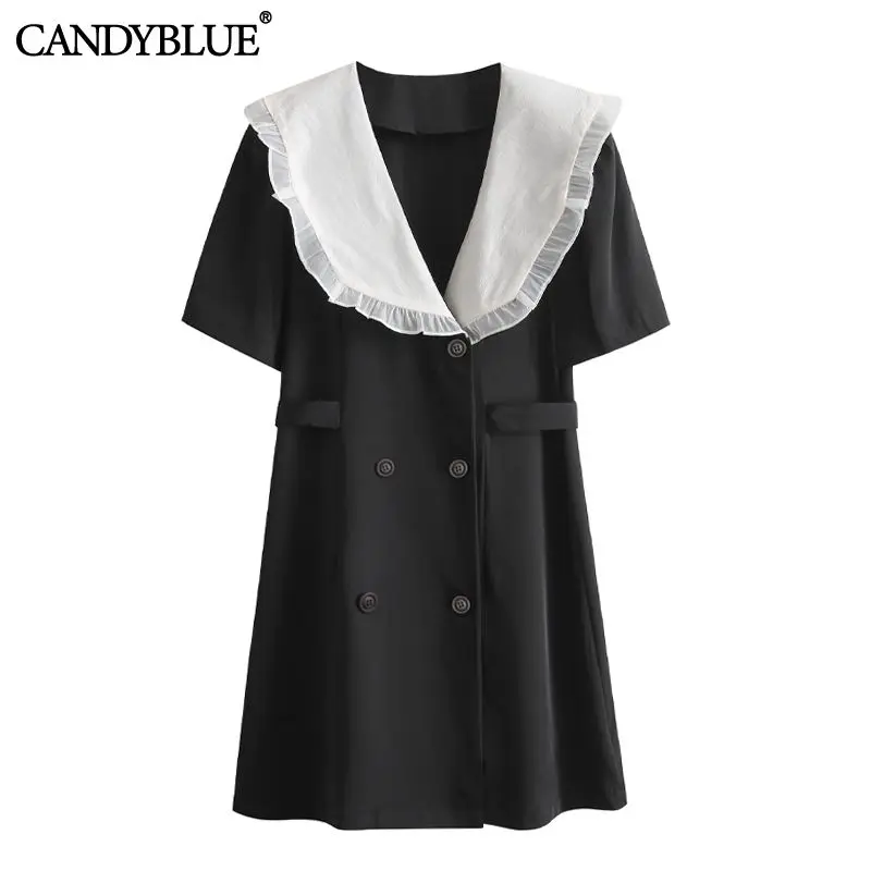Black Double Breasted White Patchwork Peter Pan Collar Women's Dress ...
