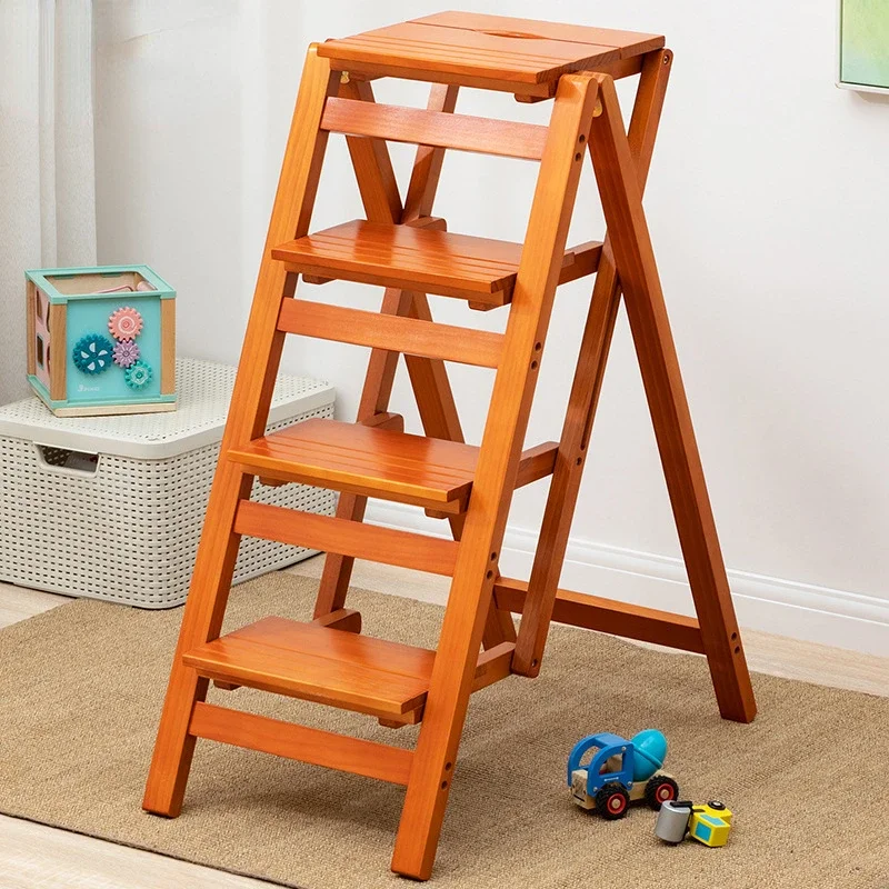 Multifunctional Ladder Chair Folding Design Ladder Stool Stable Load-bearing Step Ladder Natural Solid Wood Kitchen Stool