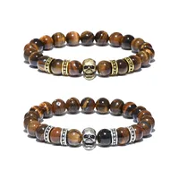 Vintage Skull Bracelet For Men Grade A 8mm Natural Tiger Eyes Stone Braclet Hiphop Rock Outdoor Sports Cycling Accessories Joias