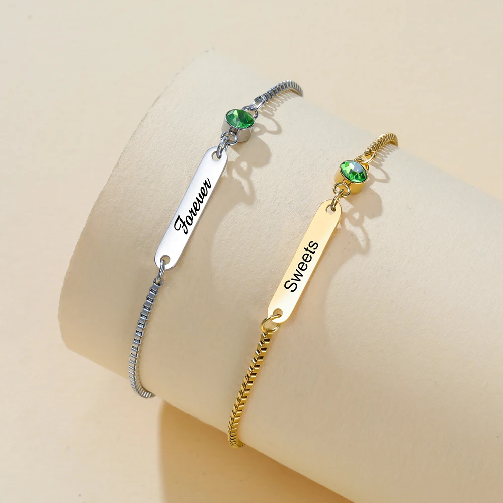 Custom Birthstone Engraved Bar Name Initial Date Bracelet Stainless Steel Personalized Jewelry Mother's Day Gifts Wife_voghion.com
