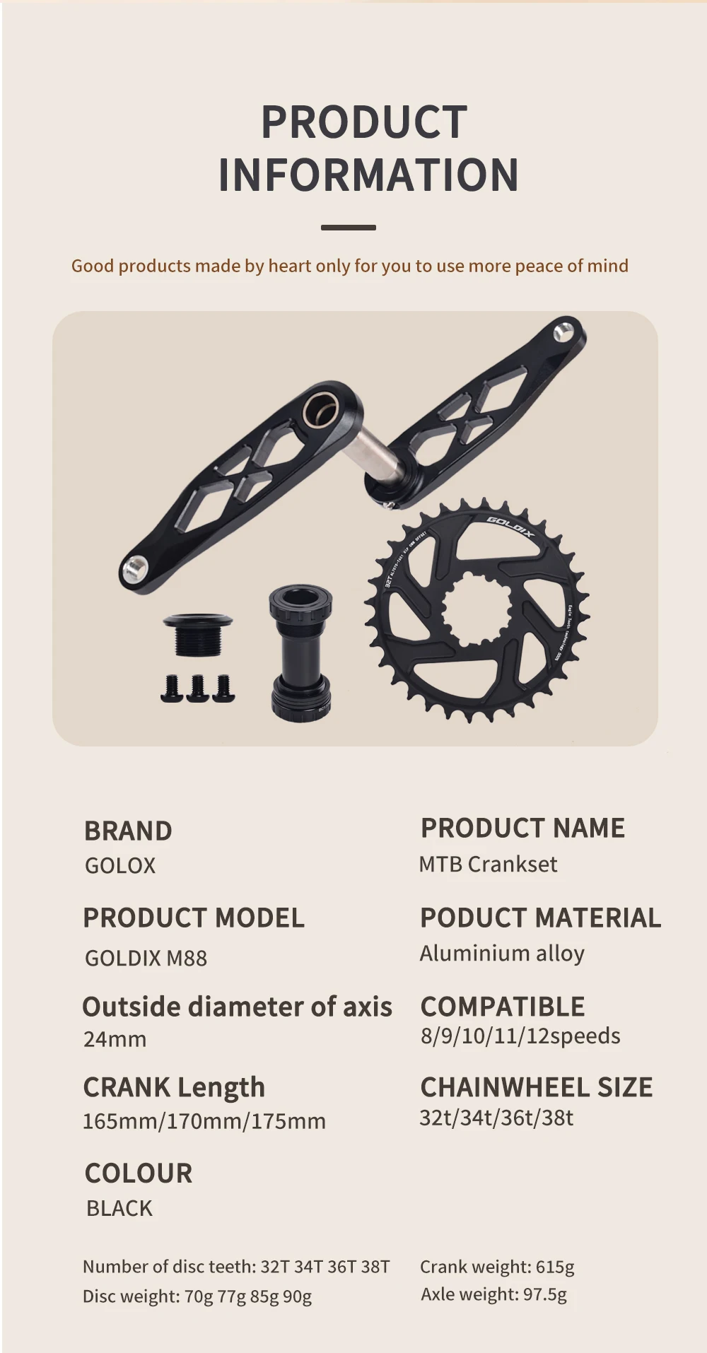鋼の拳 GOLDIX Mountain Bicycle BSA 24mm Crankset 165 170 175mm R