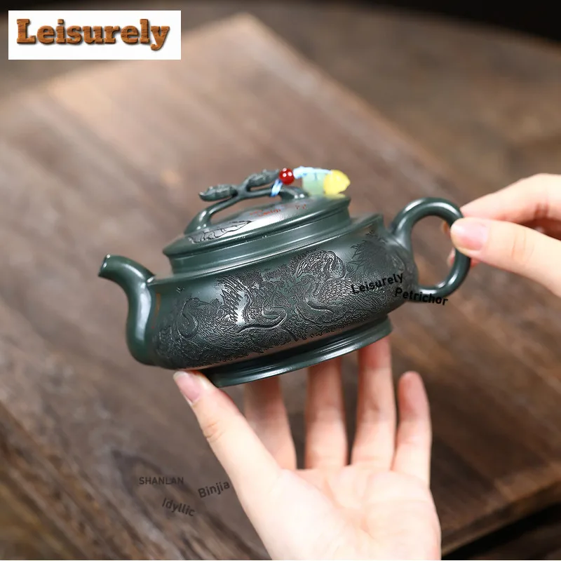 320ml Yixing Purple Clay Teapots Handmade Ruyi Pine Crane Pot Raw Ore Blackish Green Mud Kettle With Filter Zisha Tea Set Gift