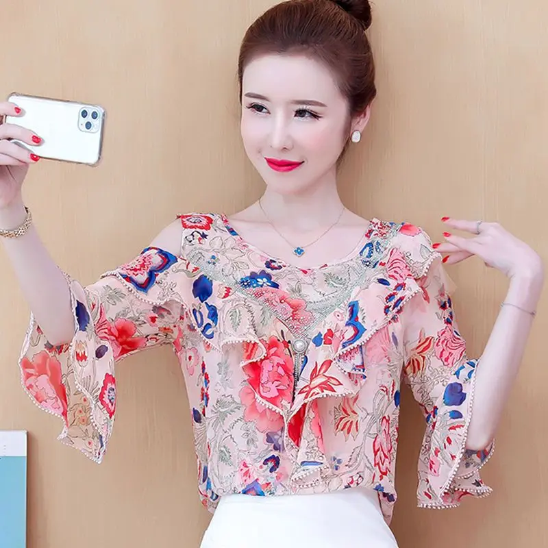 

Fashion Printed Spliced Ruffles Off Shoulder Floral Blouse Women's Clothing 2023 Summer New Casual Pullovers Flare Sleeve Shirt