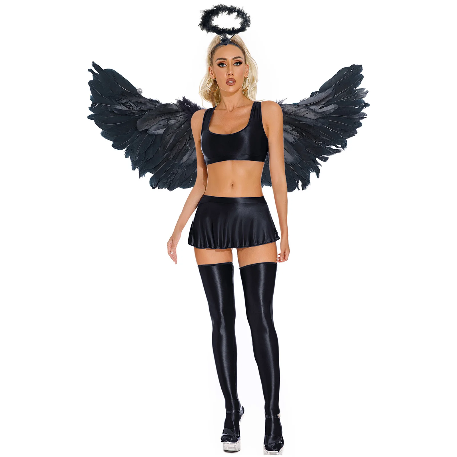 Déguisement Ange Sexy – Crop Top Brillant, Mini-Jupe, Bas et Ailes – photo 8