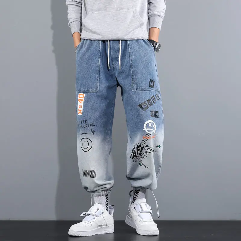 Autumn KPOP Fashion Style Harajuku Slim Fit Trousers Loose All Match Casual Graffiti Pants Leggings Jeans Printed Pockets Pants