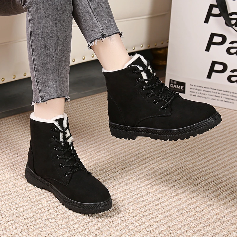 2023 High Quality Women's Shoes Winter Plush Warm Mid-Calf Women's Boots Solid Color Round Toe Lace Up Low-heeled Shoes Women