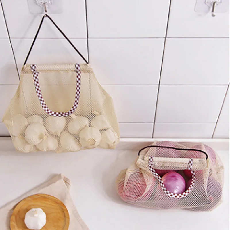 Description Picture 6 of item1pc Household Hanging Beige Onion and Garlic Storage Bag, Fruit Wall Mesh Bag, Kitchen Vegetable Storage Mesh Bag