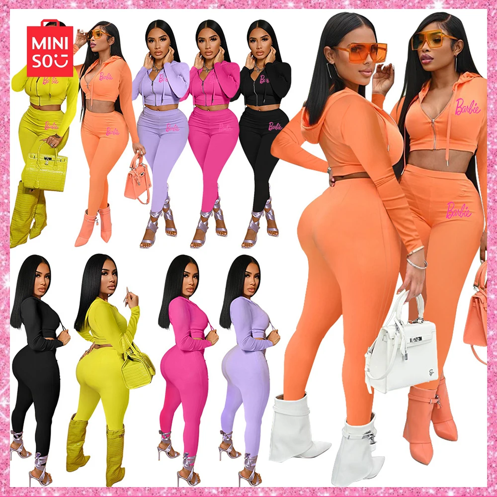 

Miniso Barbie Solid Color Women Hooded Casual Sports Long Sleeve Long Pants Fashion Suit Sexy Fit Comfortable Out Birthday Gift