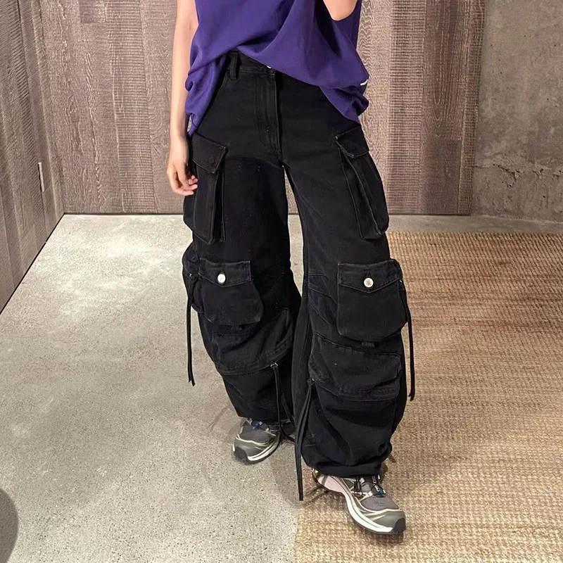 Women's Heavy-Duty Washed Hand-Painted Multi-Pocket Work Pants, Heavy-Duty Distressed Jeans, Embroidered Wide-Leg Pants, Y2K