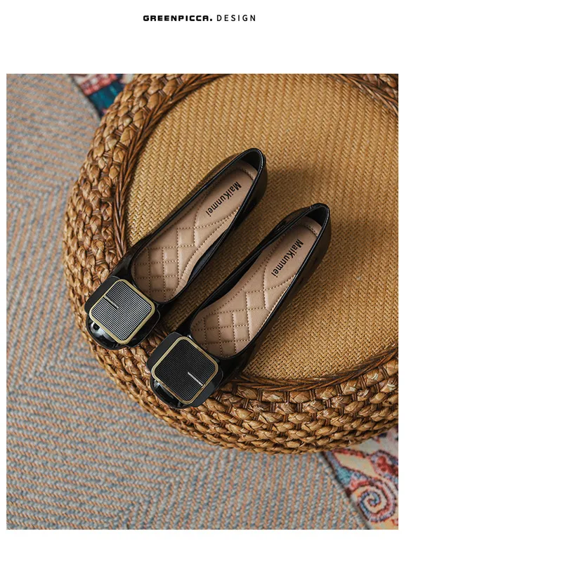 French Style Women's Flat Shoes Leather Square Toe Low Block Heel_voghion.com
