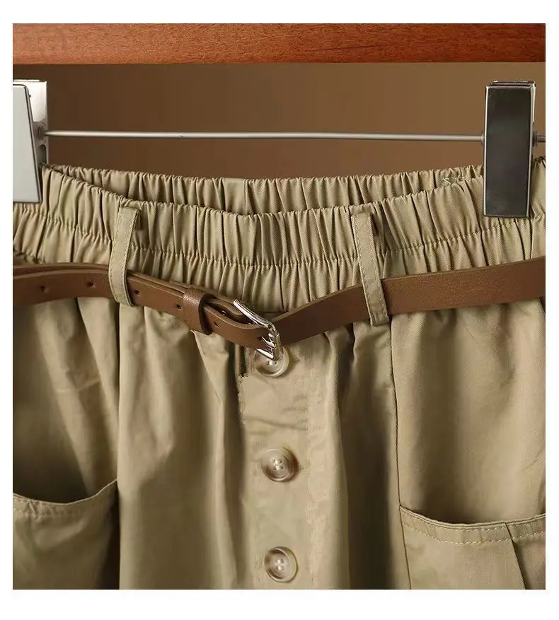 Korean version Summer High waisted Skirt 2026 New Female Solid color Loose Casual Workwear Pocket Half body A-line Skirts