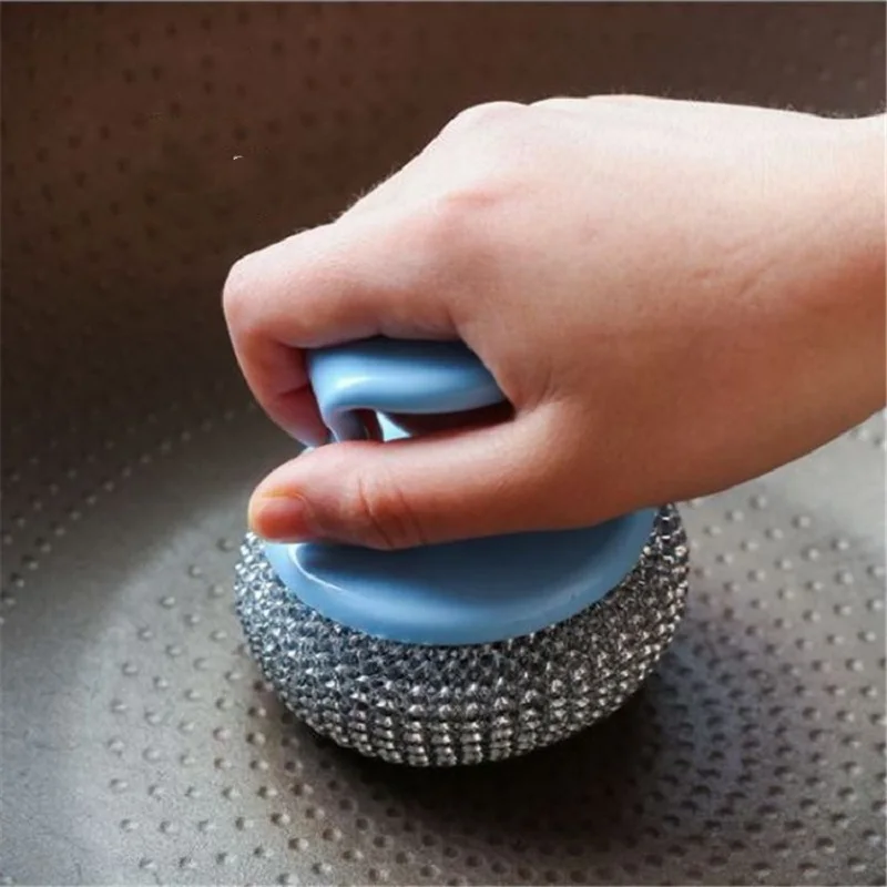1 pz staccabile manico lavabile spazzola per la pulizia della sfera in filo di acciaio multiuso cucina bagno Scrubber strumenti per la pulizia della casa