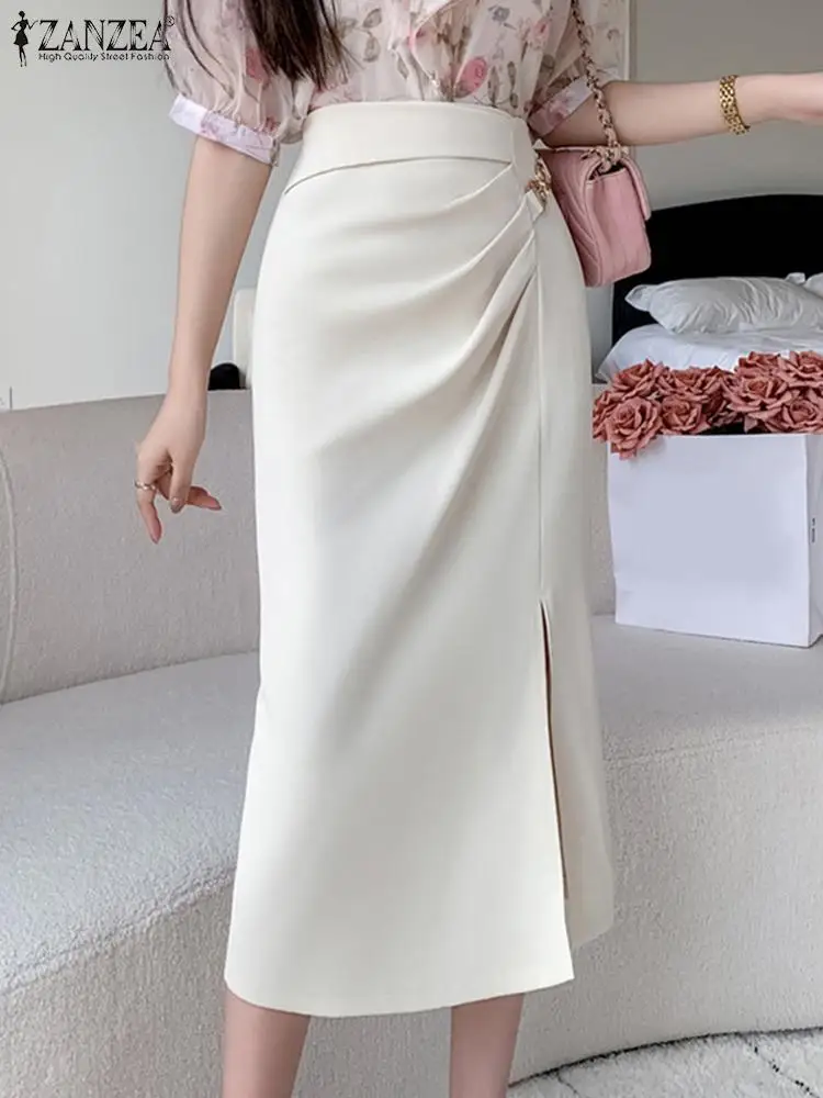 

ZANZEA Elegant Women OL Work Midi Skirts Summer Fashion Party Office Faldas Saia Casual Jupe High Waist Solid Split Hem Skirt