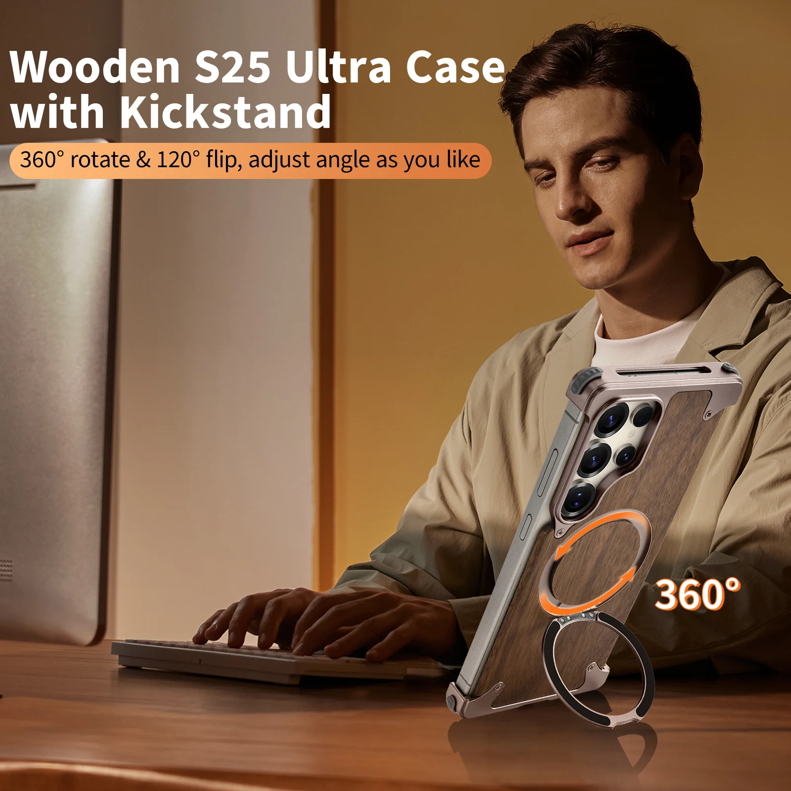 Eary Wood Phone Case for Samsung Galaxy S25 S24 Ultra Magnetic with Stand 360° Rotate Magsafe Bumper Frameless Protective Cover