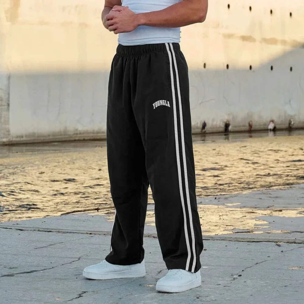 YOUNGLA American sports pants double stitching printed casual pants gym exercise fitness waist straight casual pants sports pants casual sports pants printed pants