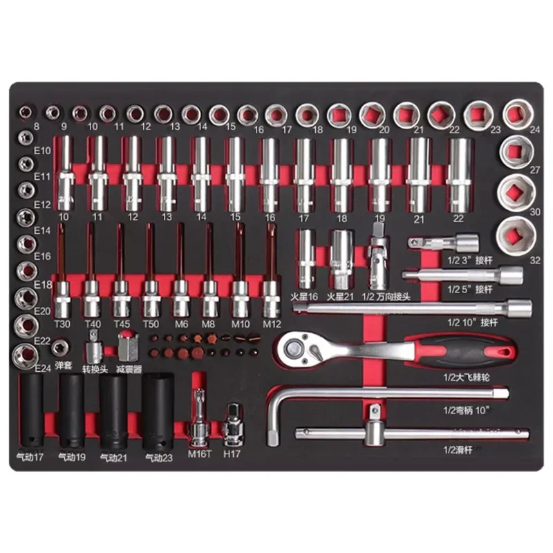 Auto repair lockable seven-drawer red tool cabinet with five hand tool sets for garage storage 2