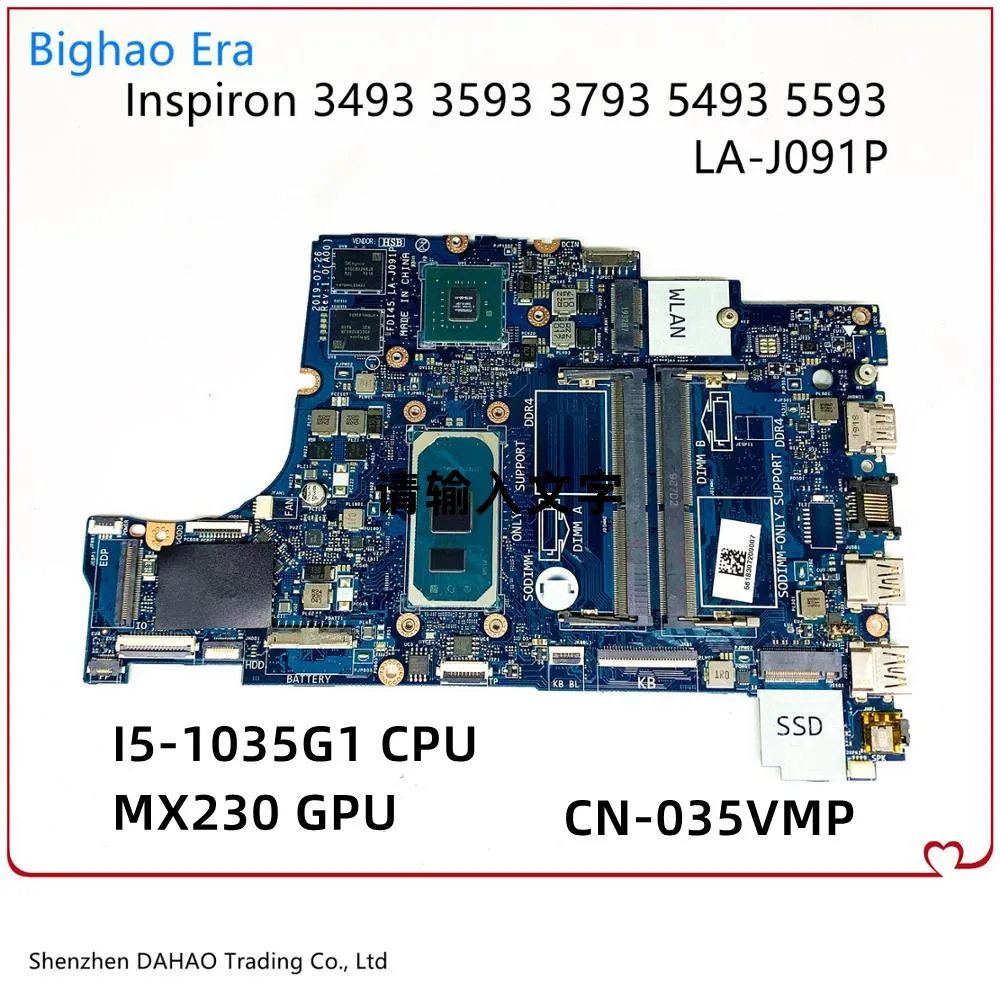 

CN-035VMP 035VMP 35VMP For DELL 3493 3593 5493 5593 Laptop Motherboard FDI45 LA-J091P With I5-1035G1 MX230 GPU 100% Tested