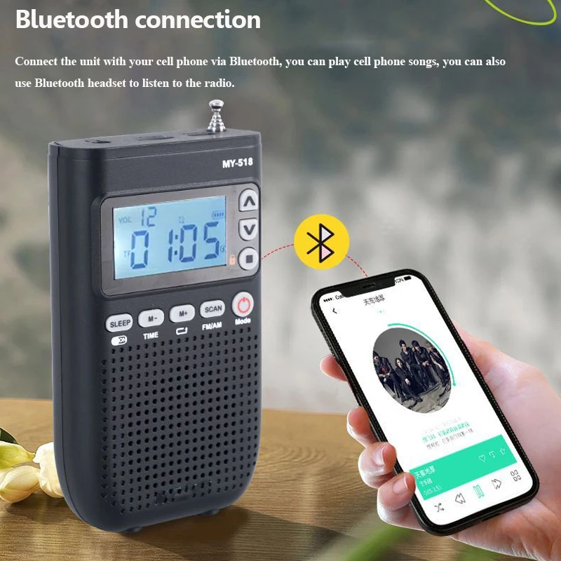 Mini Pocket FM AM Radio Bluetooth Earphones Compatible Radios Clock Display Sleep Timer Digital Radio TF MP3 Player Walkman