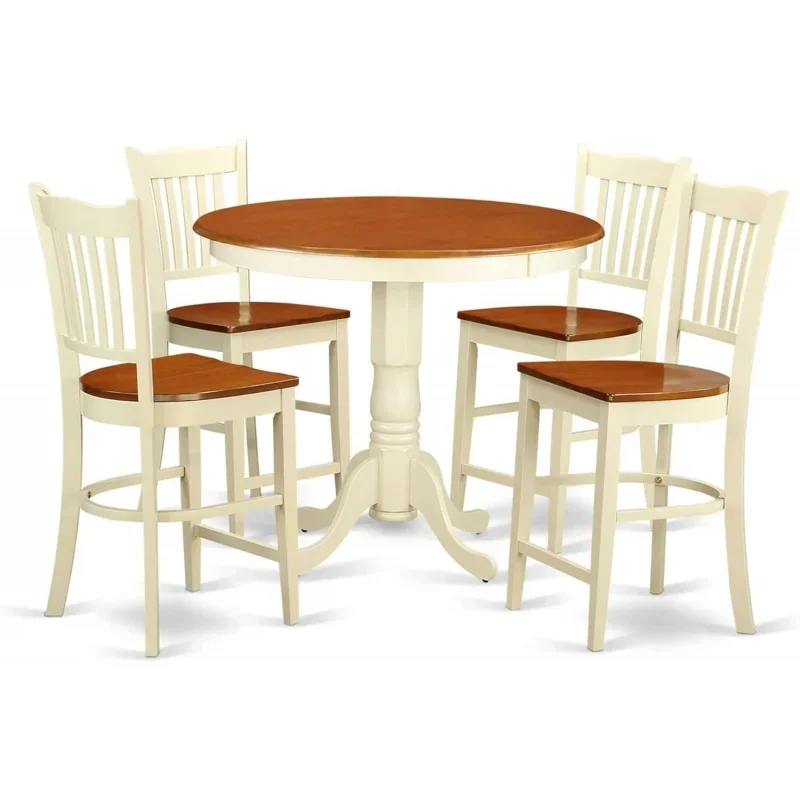 

East West Furniture JAGR5-WHI-W, набор кухонных столешниц из 5 предметов включает круглый обеденный стол с подставкой и 4 обеденными стульями