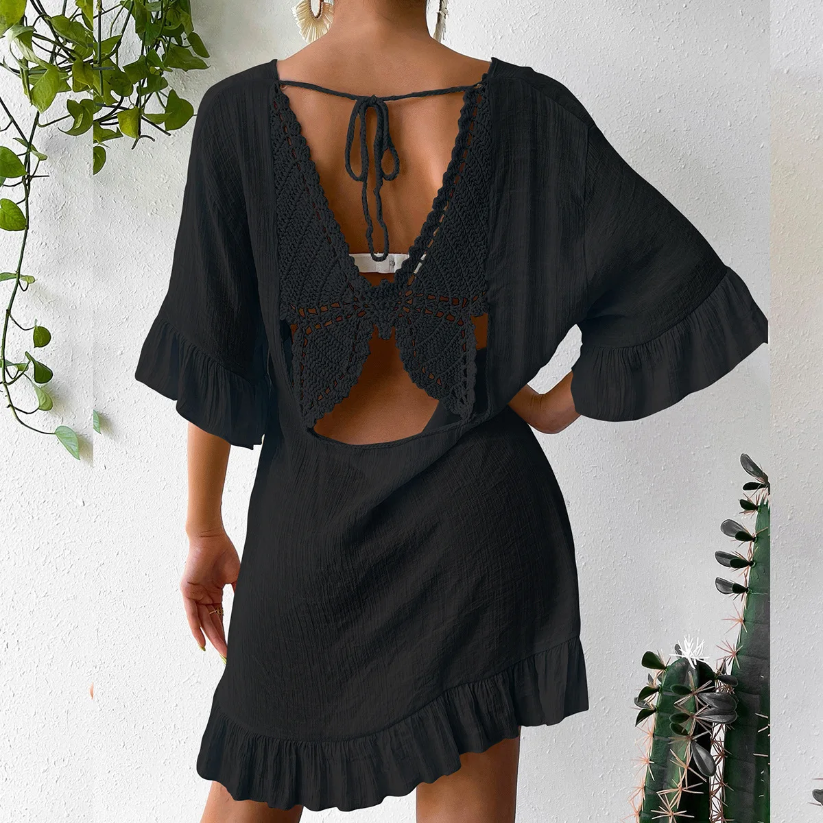 Women's Ruffled Half Sleeve Backless Crochet Butterfly Tunic Beach Bikini Cover Up Beach Skirt Beach Wear