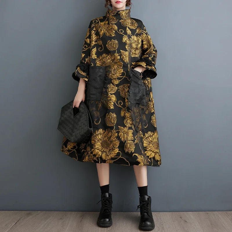 

Oversized Autumn Winter Midi Dress Women Patchwork Fashion Chinese Style Flower Ladies Dresses Pleated Loose Woman Dress 2024