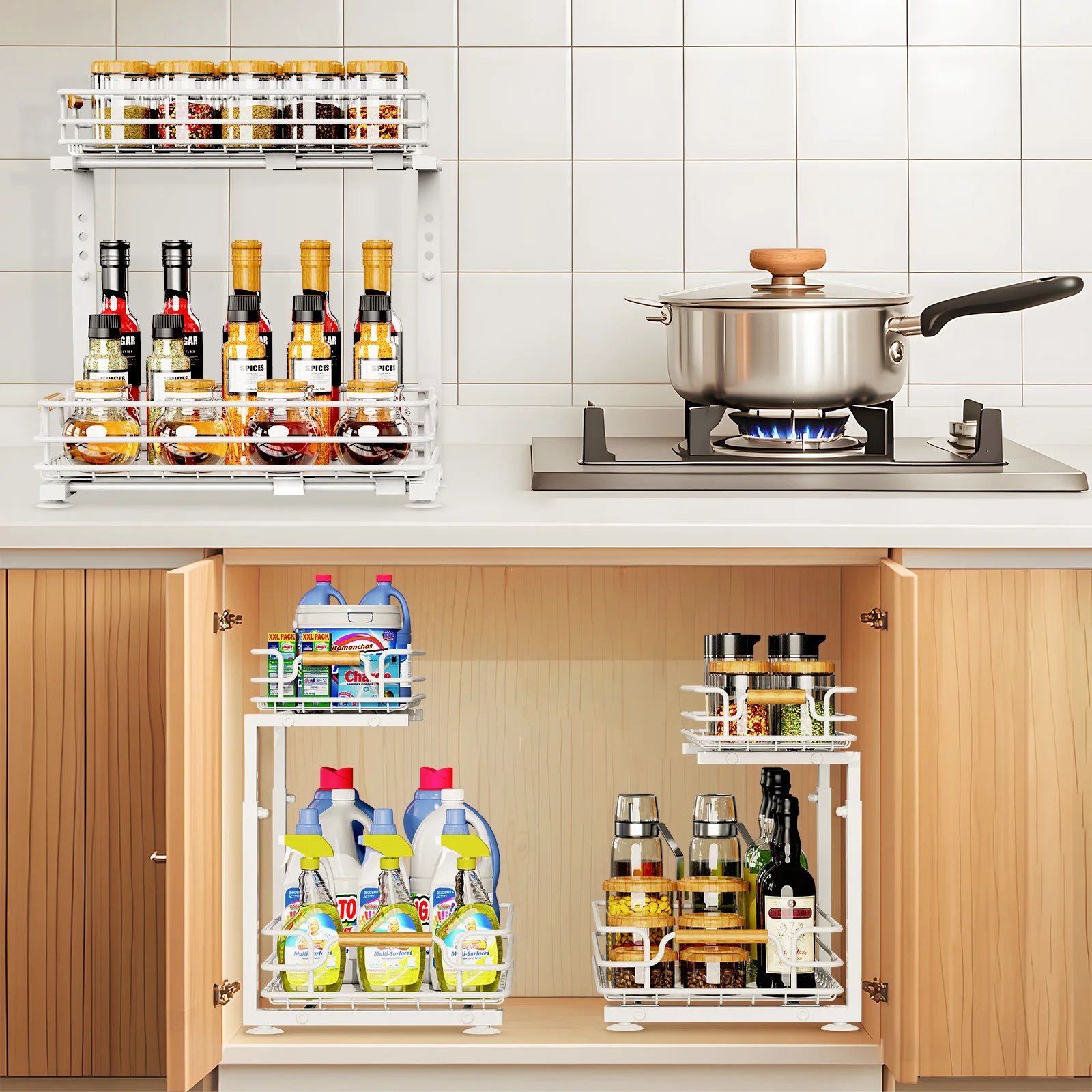 2 Tier Under Sink Organizer Kitchen Metal Sliding Drawer Height  Adjustable Cabinet Organizer Kitchen Organizer 2